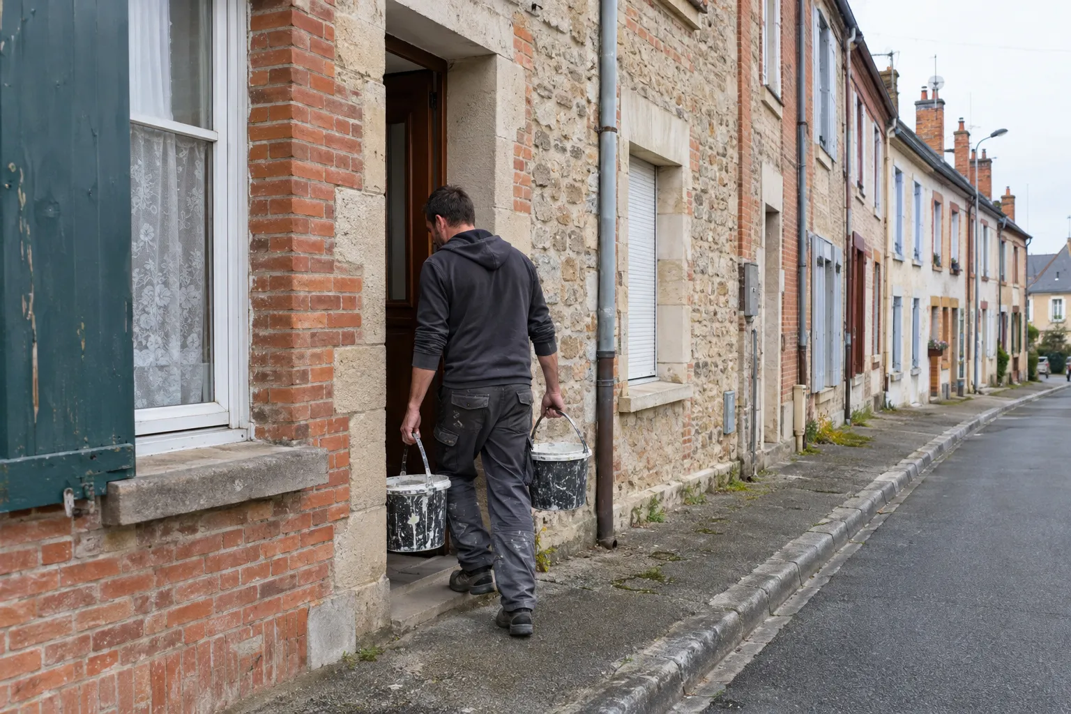 Couloir d'une maison ancienne de Commentry avec un sol carrelé en grès cérame gris et plinthes assorties