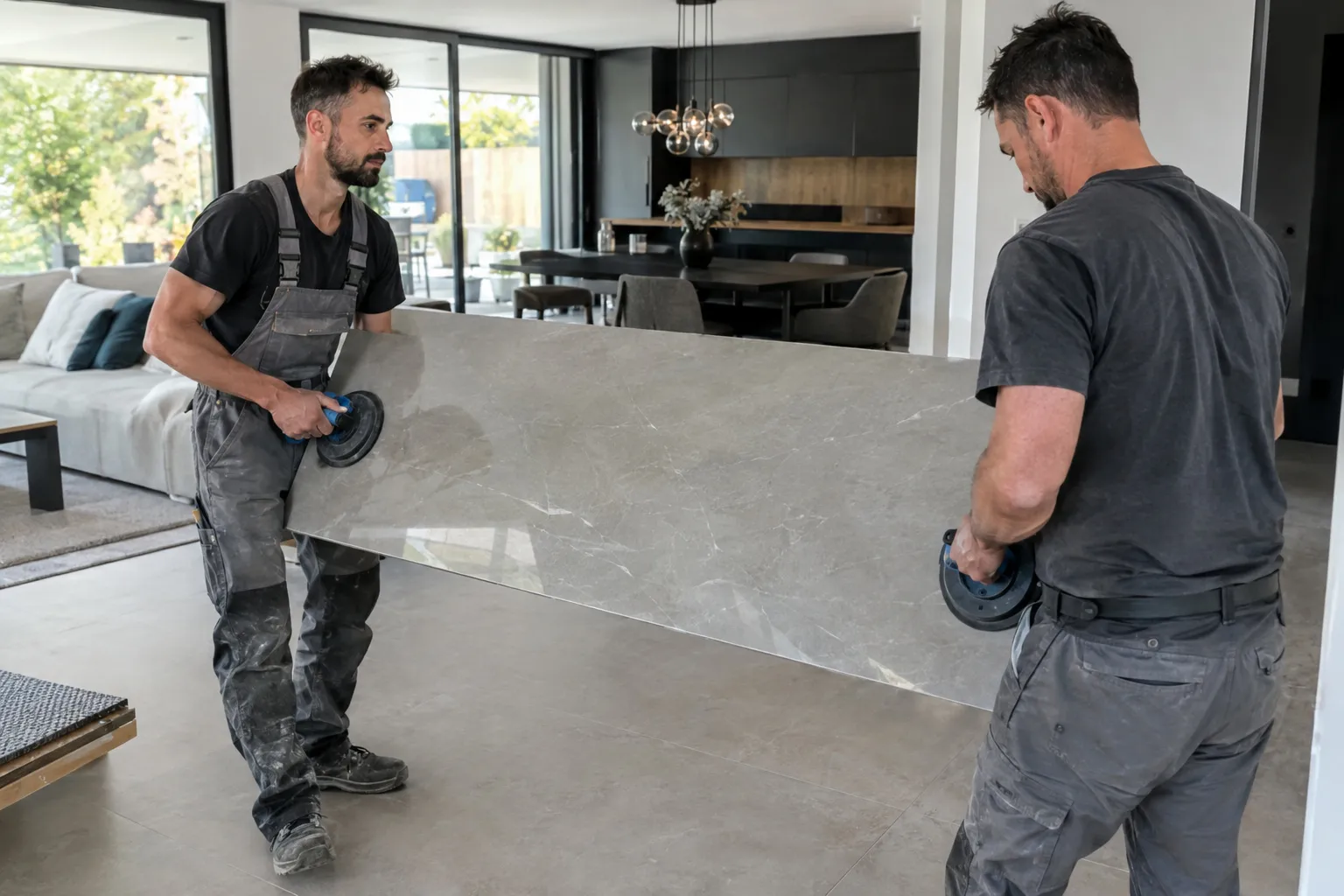 Séjour ouvert au sol en grandes dalles de carrelage 60x120 aux joints fins
