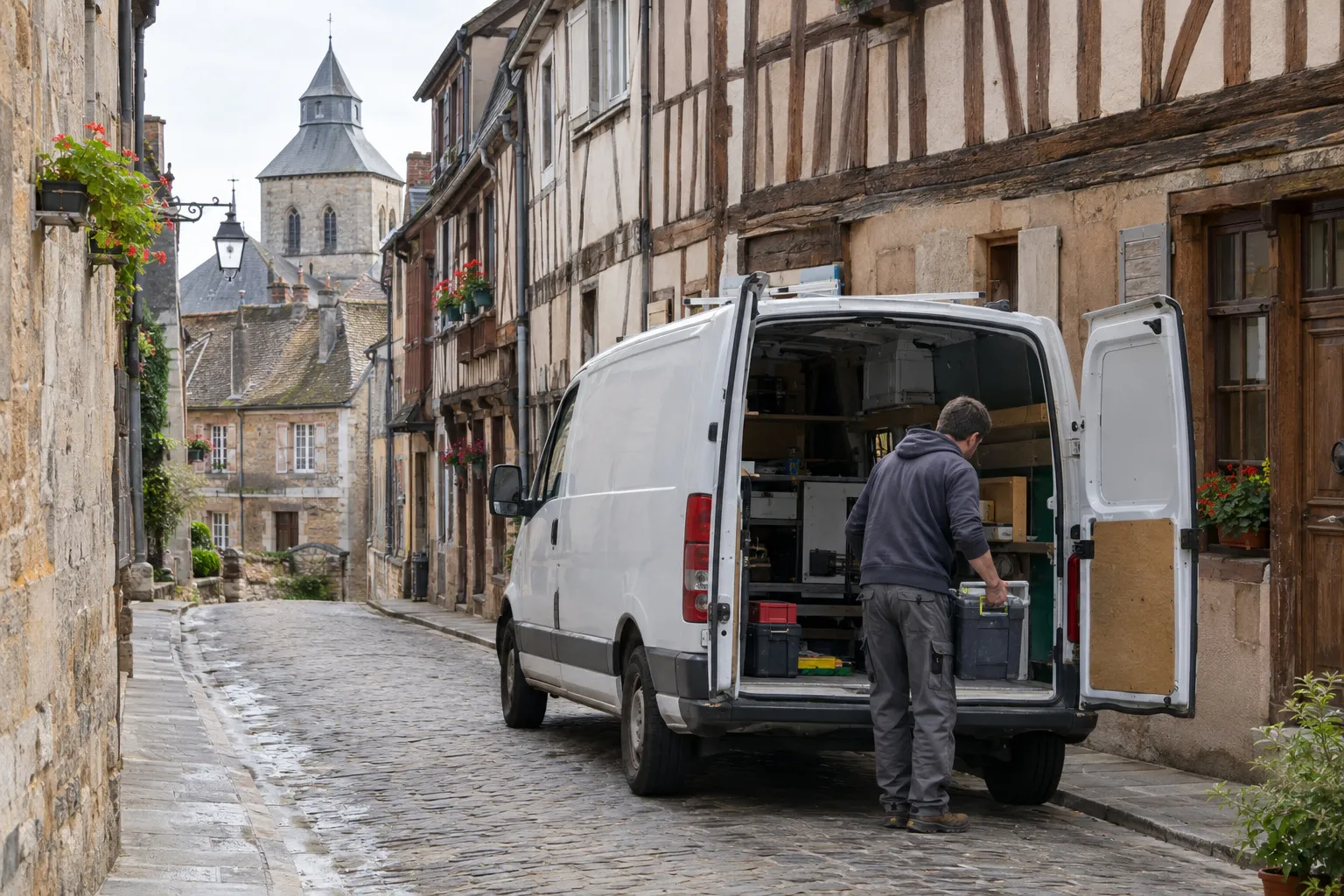 Entrée d'un appartement ancien du centre de Montluçon avec un sol en carreaux de ciment posé en damier