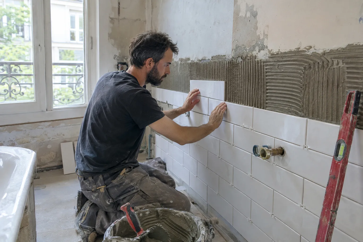 Salle de bain rénovée avec douche carrelée dans un logement ancien