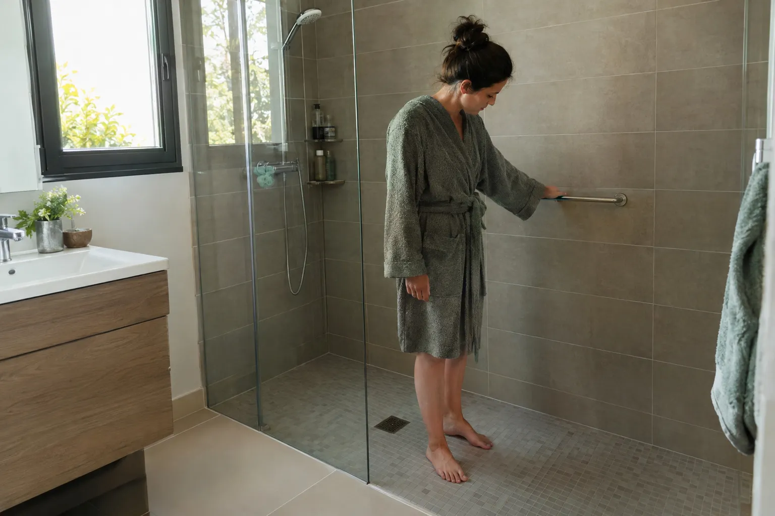 Douche à l'italienne carrelée avec receveur extra-plat et niche murale