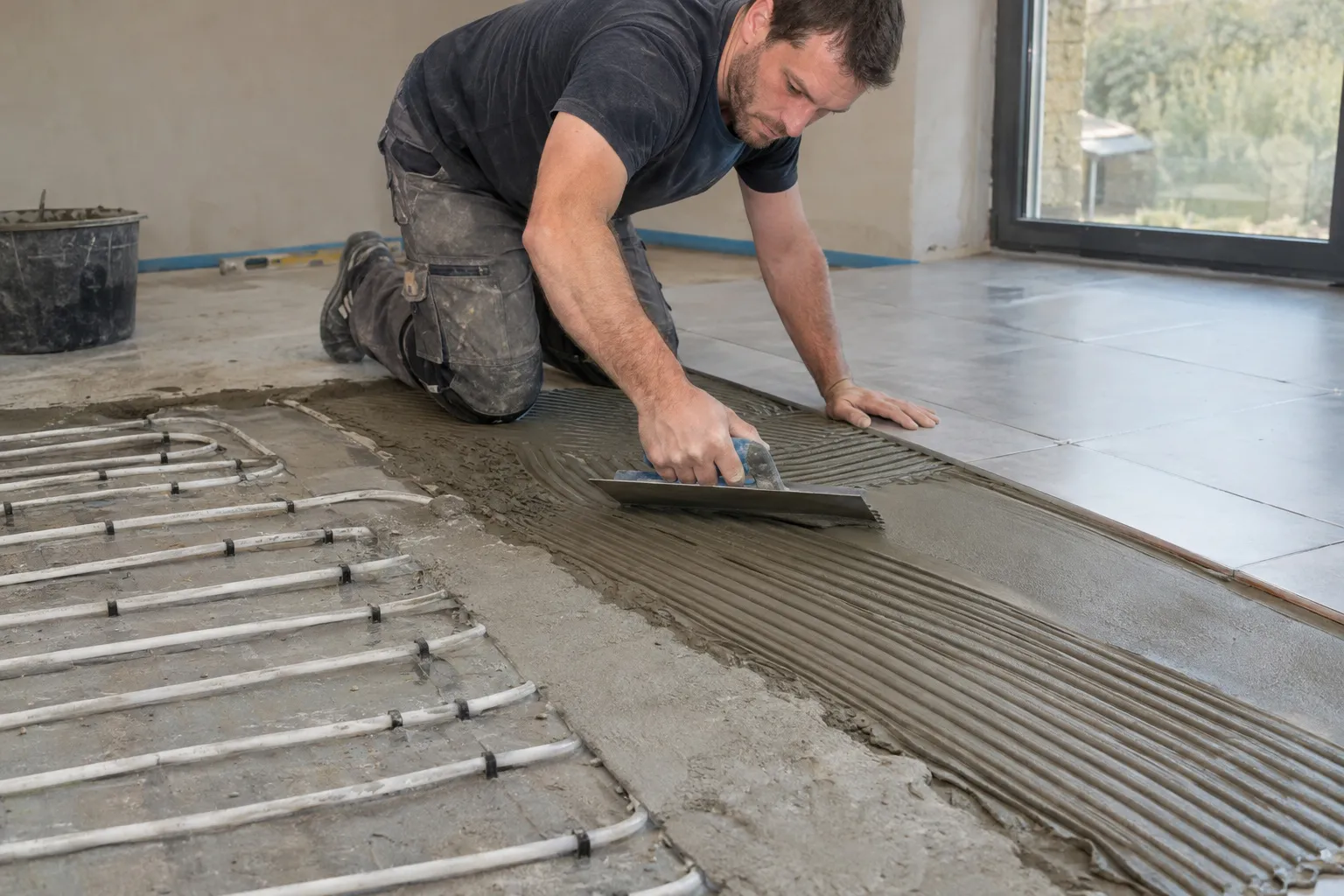 Carrelage posé sur un plancher chauffant dans une pièce de vie lumineuse