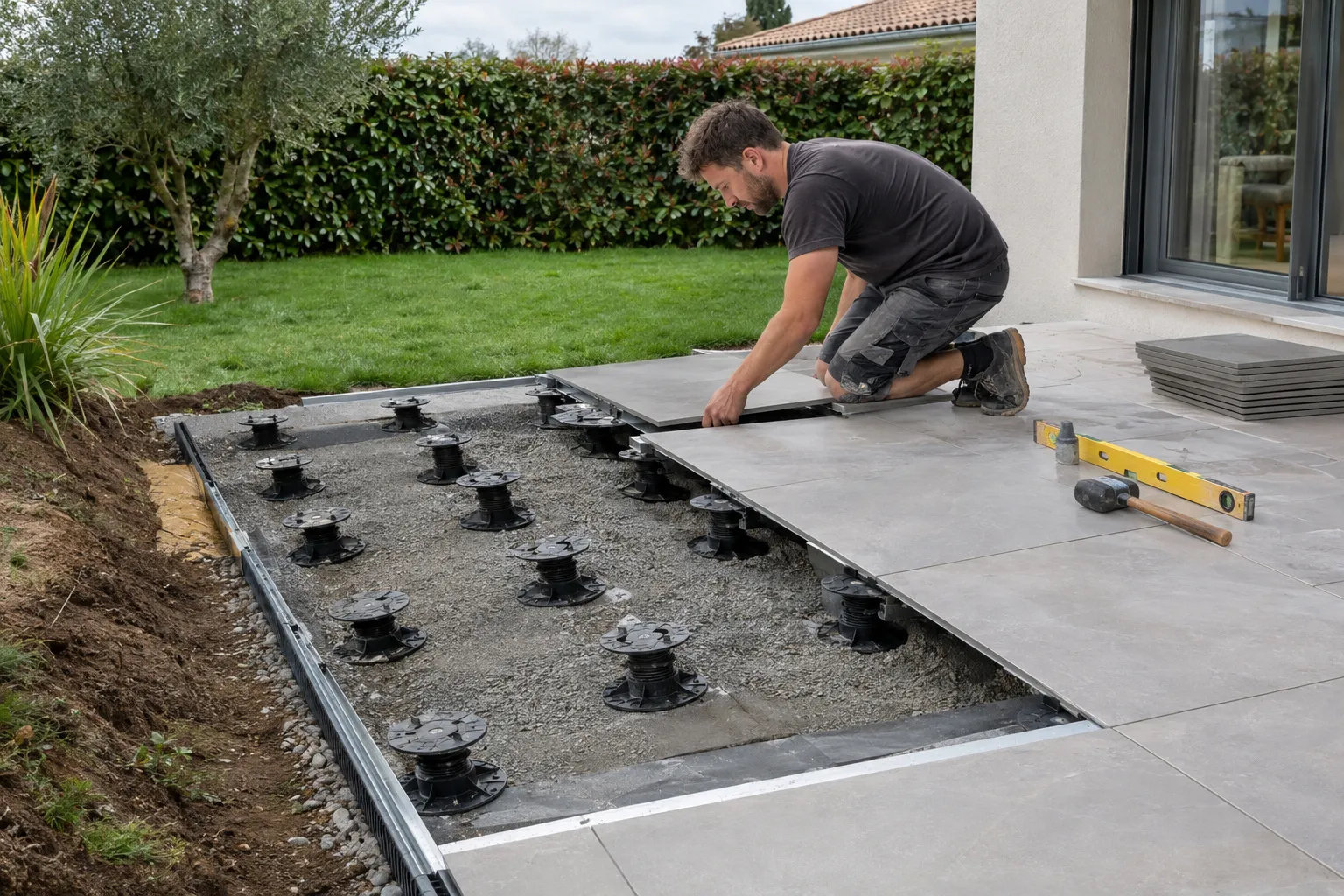 Terrasse de pavillon à Domérat carrelée en grès cérame antidérapant gris avec une légère pente vers le jardin