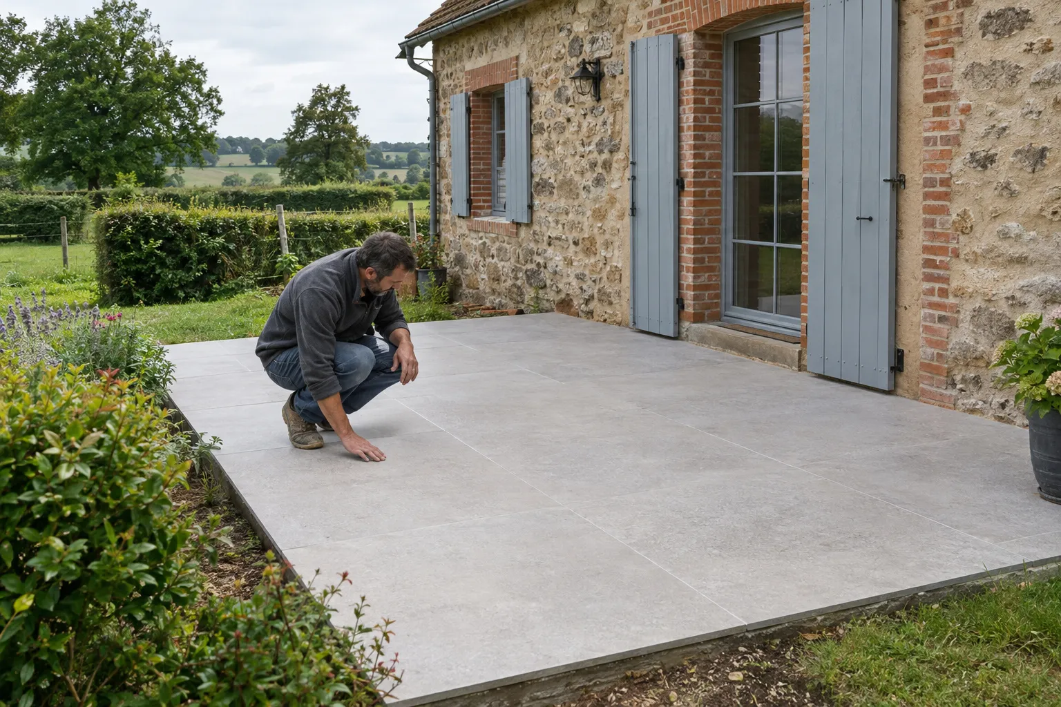 Terrasse de maison carrelée avec carreaux antidérapants et joints réguliers