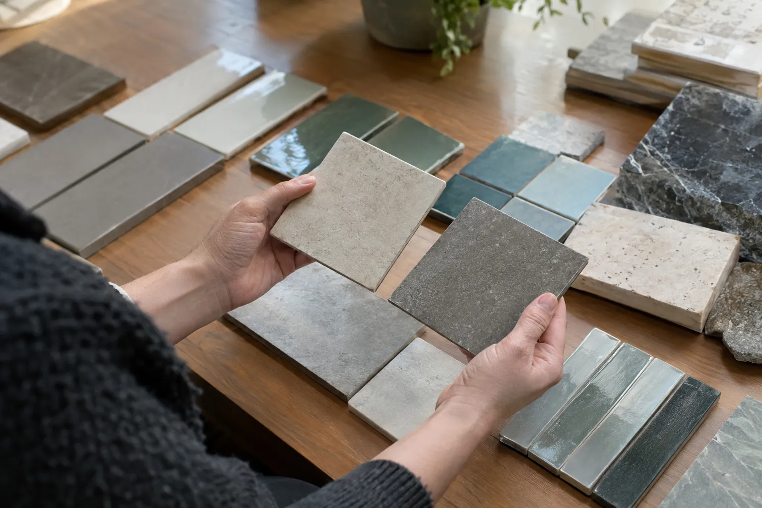 Échantillons de carrelage en grès cérame, faïence et pierre posés côte à côte sur une table