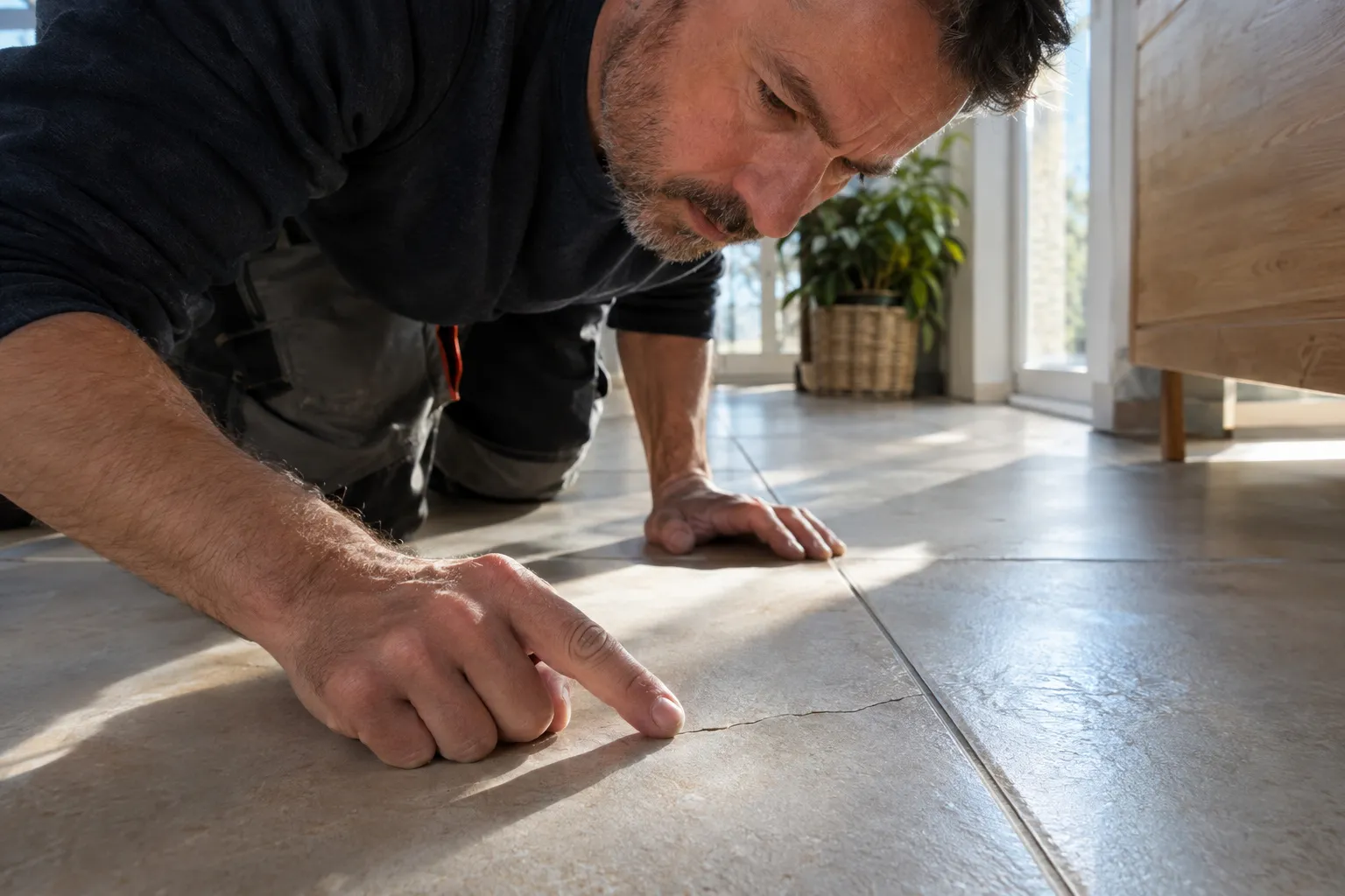 Fissure en escalier sur le carrelage d'un séjour de maison à Montluçon, suivant la ligne d'un joint