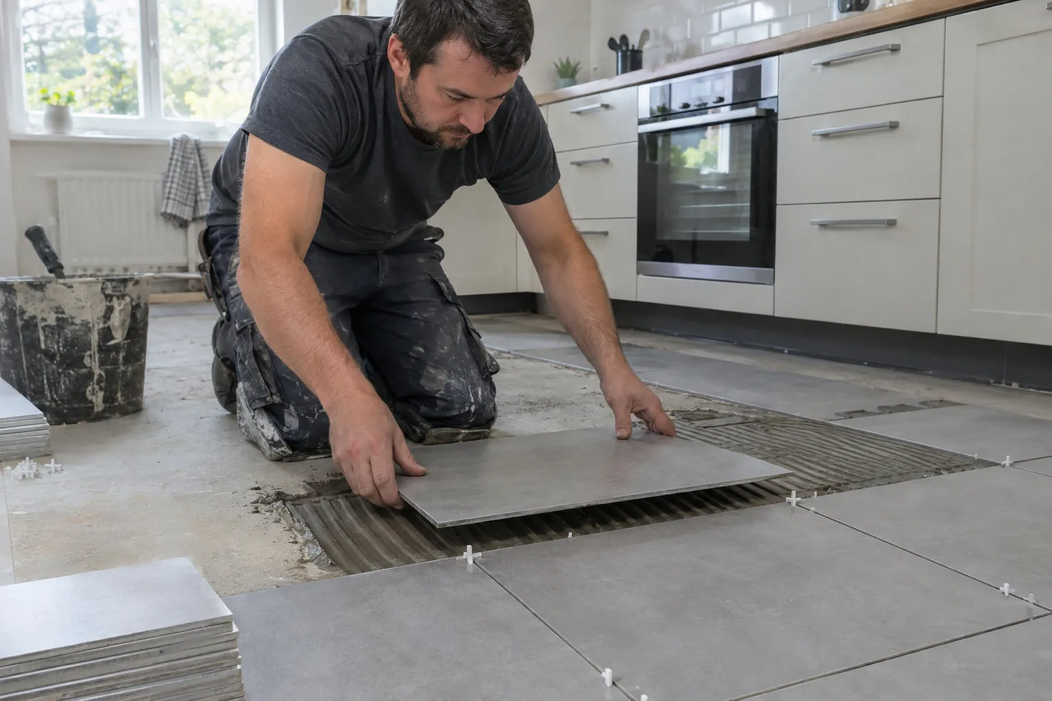 Carreleur posant des carreaux de grès cérame au sol d’un séjour, avec croisillons et niveau