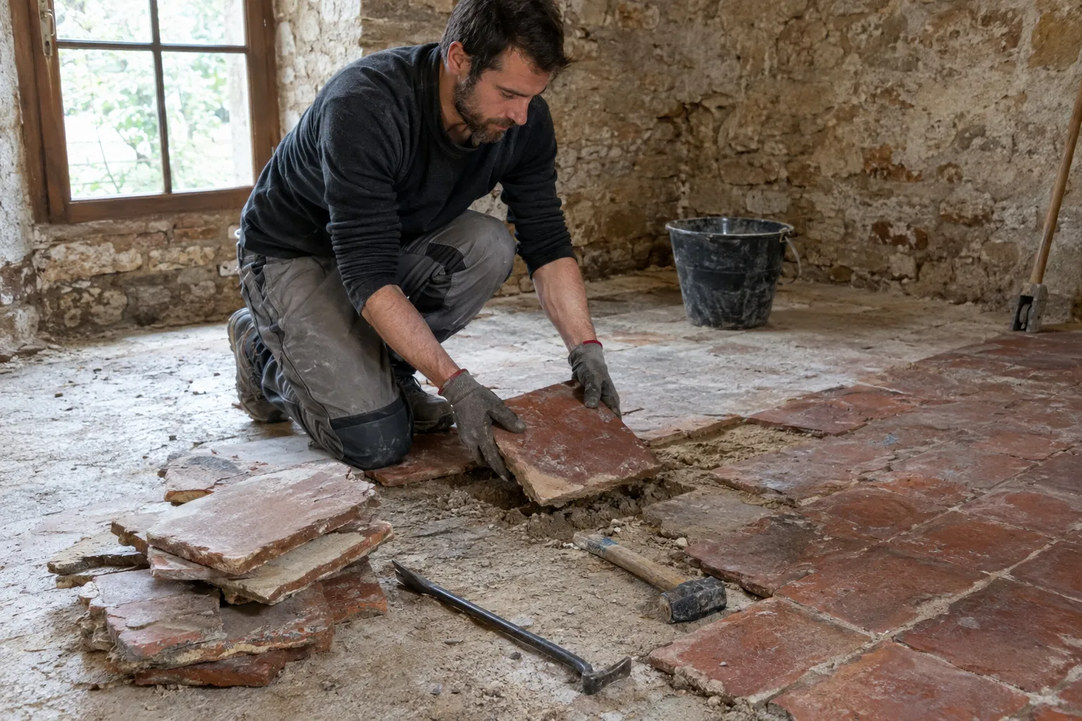 Sol ancien de maison bourbonnaise en cours de préparation avant la pose d'un carrelage neuf
