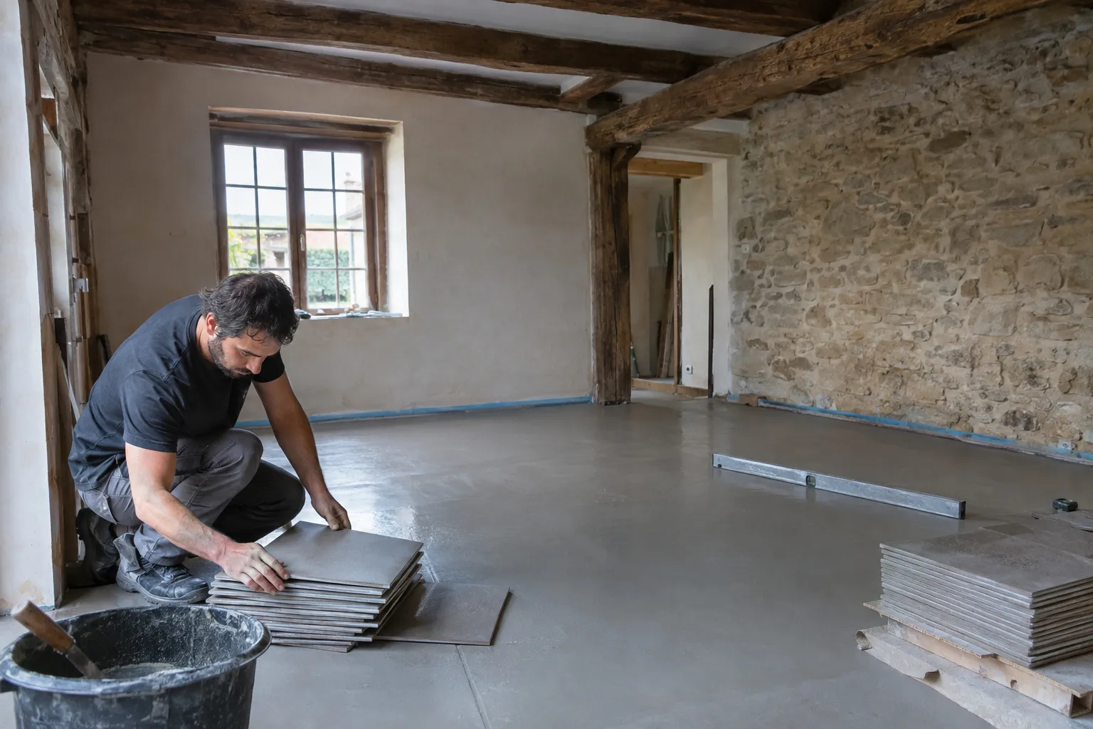 Sol ancien d'une maison de Commentry déposé et ragréé avant la pose d'un nouveau carrelage